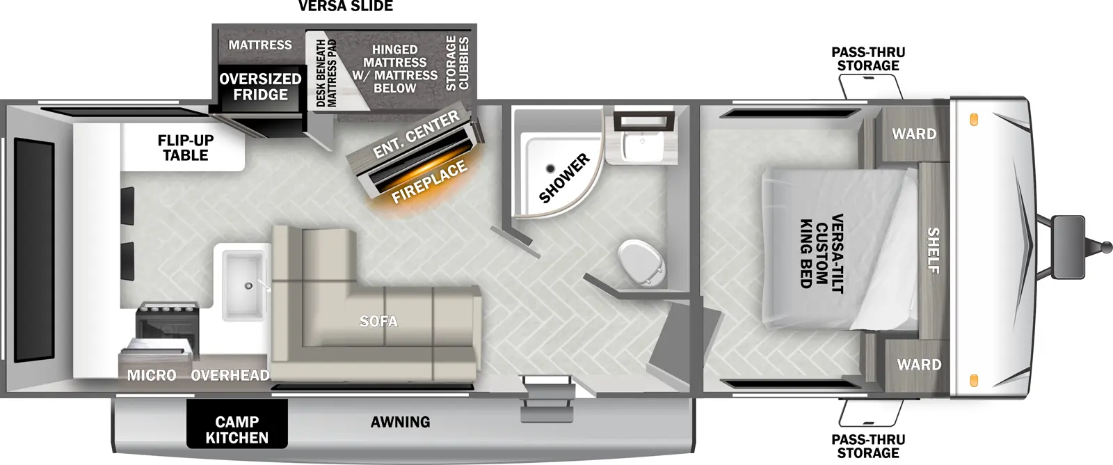 The Salem T24VIEW floorplan has one slideout and one entry. Exterior features pass-thru storage, awning, and exterior camp kitchen. Interior layout front to back: versa-tilt custom king bed with overhead shelf and wardrobes on each side; off-door side full bathroom, door side entry, and l-shaped sofa; off-door side versa slideout features a hinged mattress with mattress below, storage cubbies, desk beneath mattress pad behind an entertainment center with fireplace, and oversized refrigerator; rear kitchen with peninsula kitchen counter that wraps all around the from door-side around the back to the off-door side with sink, overhead cabinet, microwave, cooktop, seating, and flip-up table.